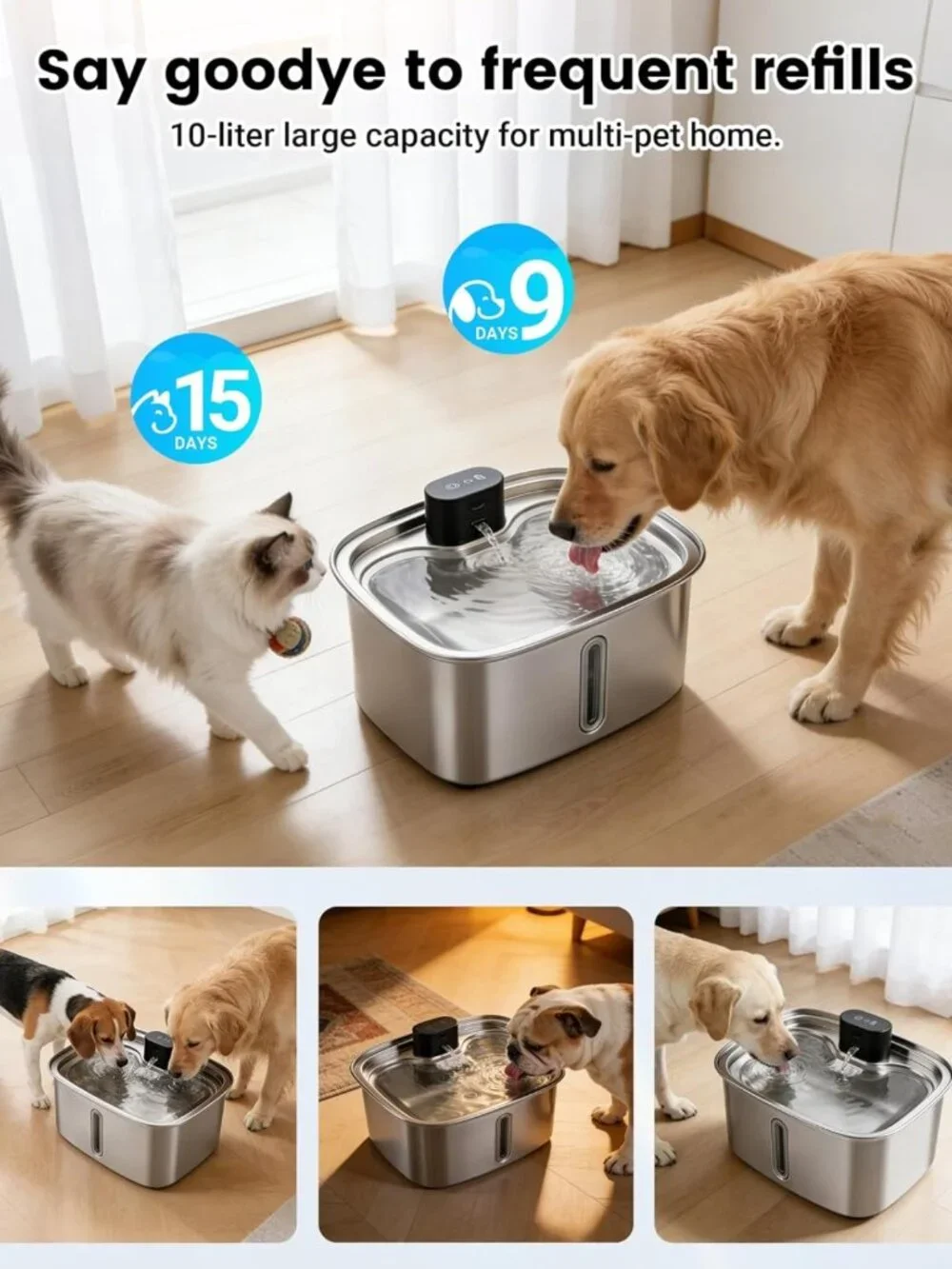 Large 10L Cordless Dog Water Fountain - Stainless Steel, APP Monitoring